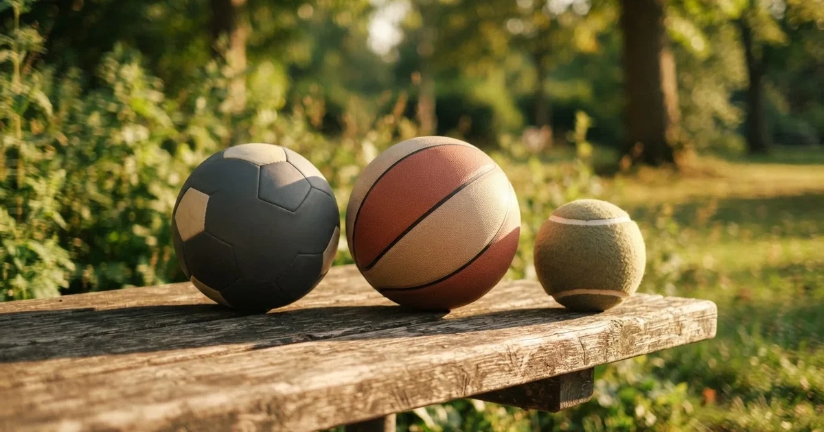 Tres balones de distintos tipos, uno junto a otro, sobre un banco de madera