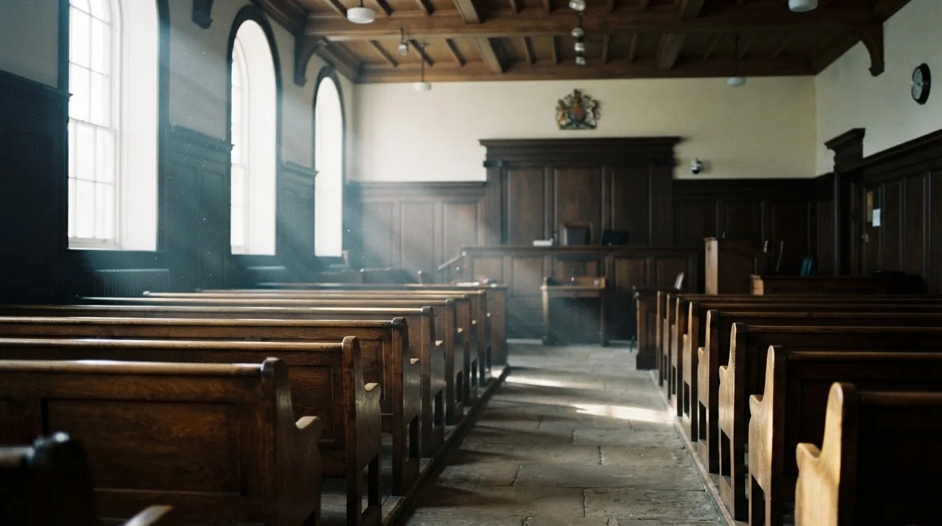 Una sala de tribunal vacía con bancos de madera a la luz de la mañana