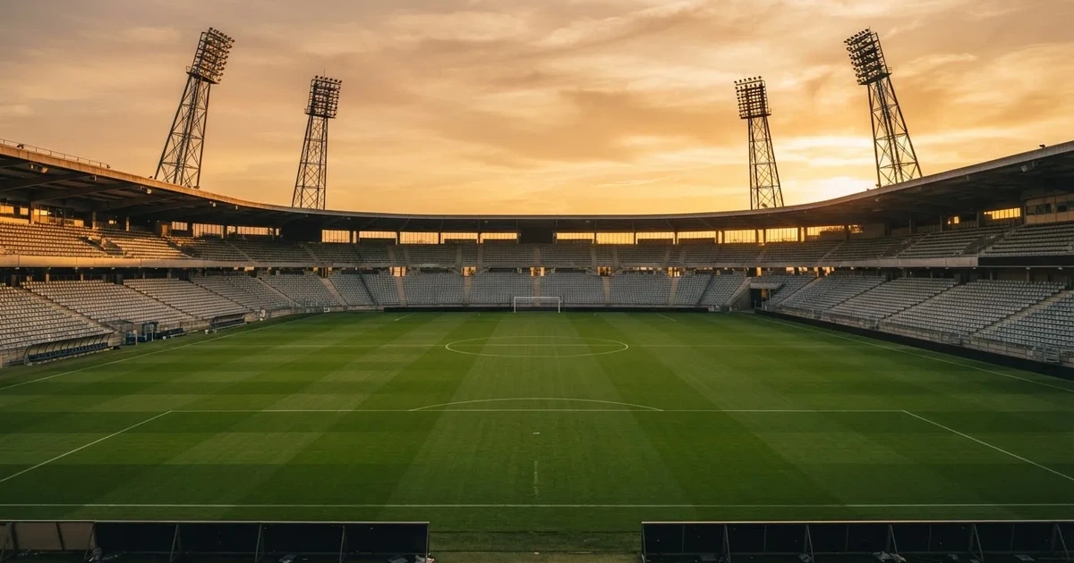 Un estadio de fútbol vacío con torres de iluminación al atardecer