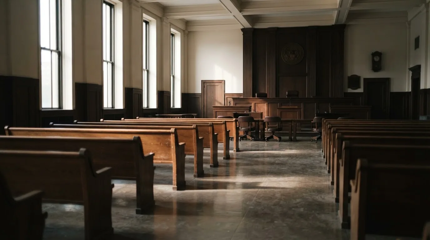 Una sala de tribunal vacía con bancos de madera a la luz de la mañana