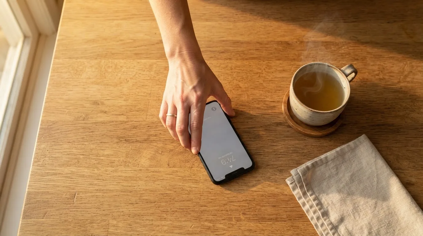 Una mano deja un móvil junto a una taza de té sobre la mesa de la cocina, una tarde tranquila