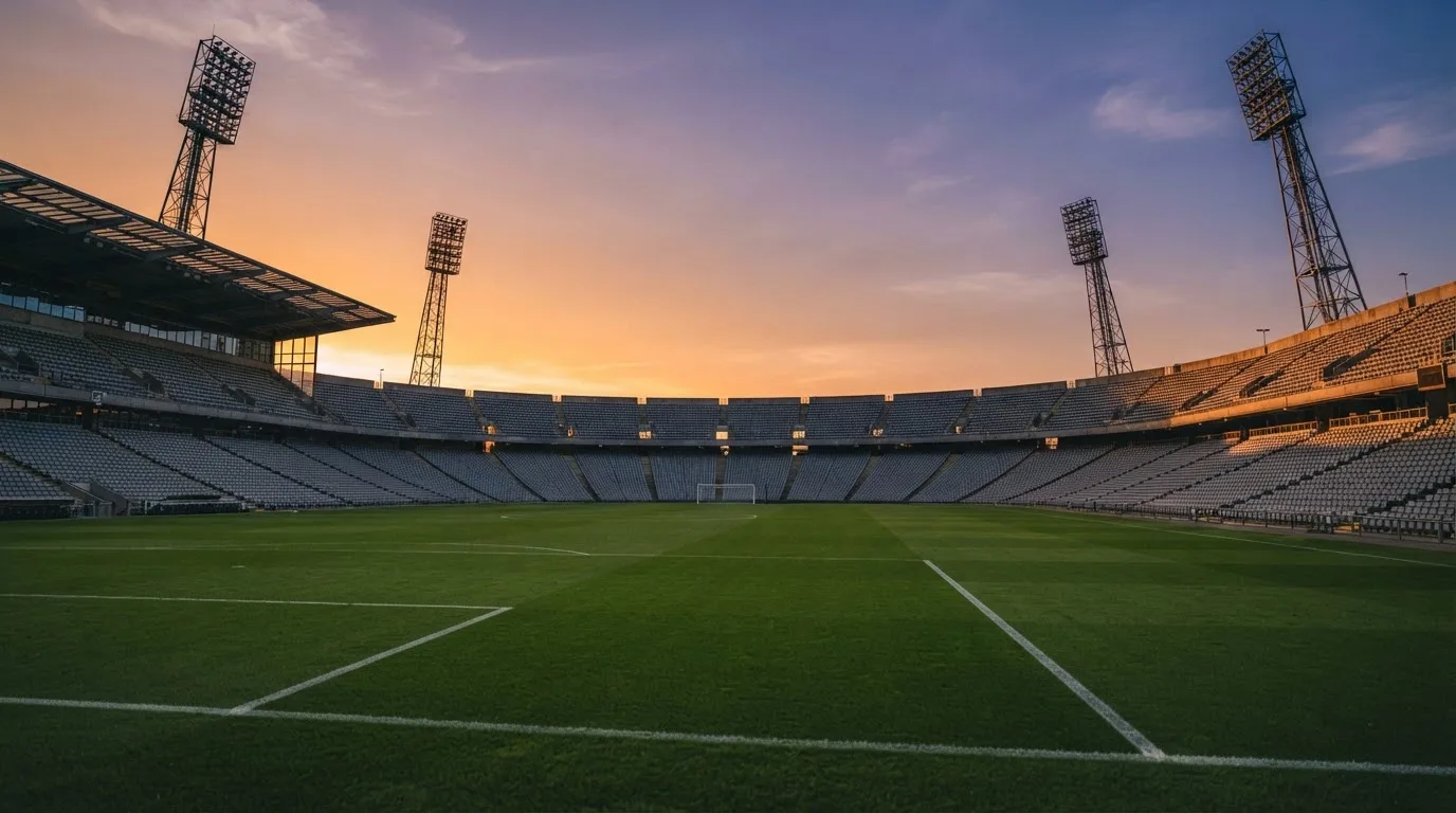 Un estadio de fútbol vacío con torres de iluminación al atardecer