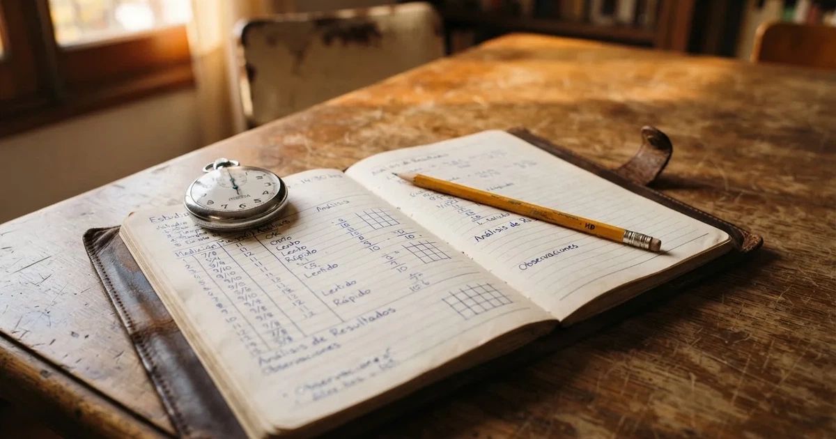 Un cuaderno abierto con un lápiz y un cronómetro sobre una mesa de madera