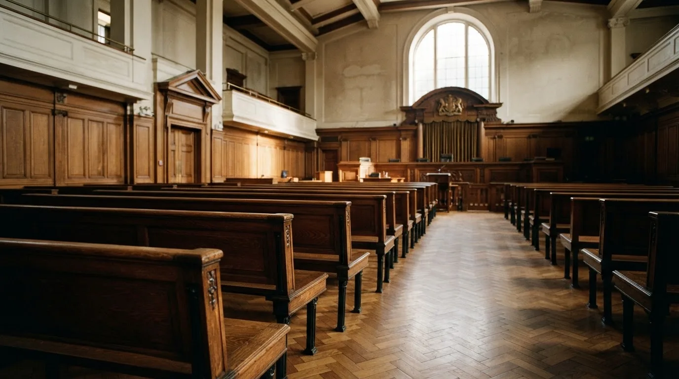 Una sala de tribunal vacía con bancos de madera a la luz de la mañana