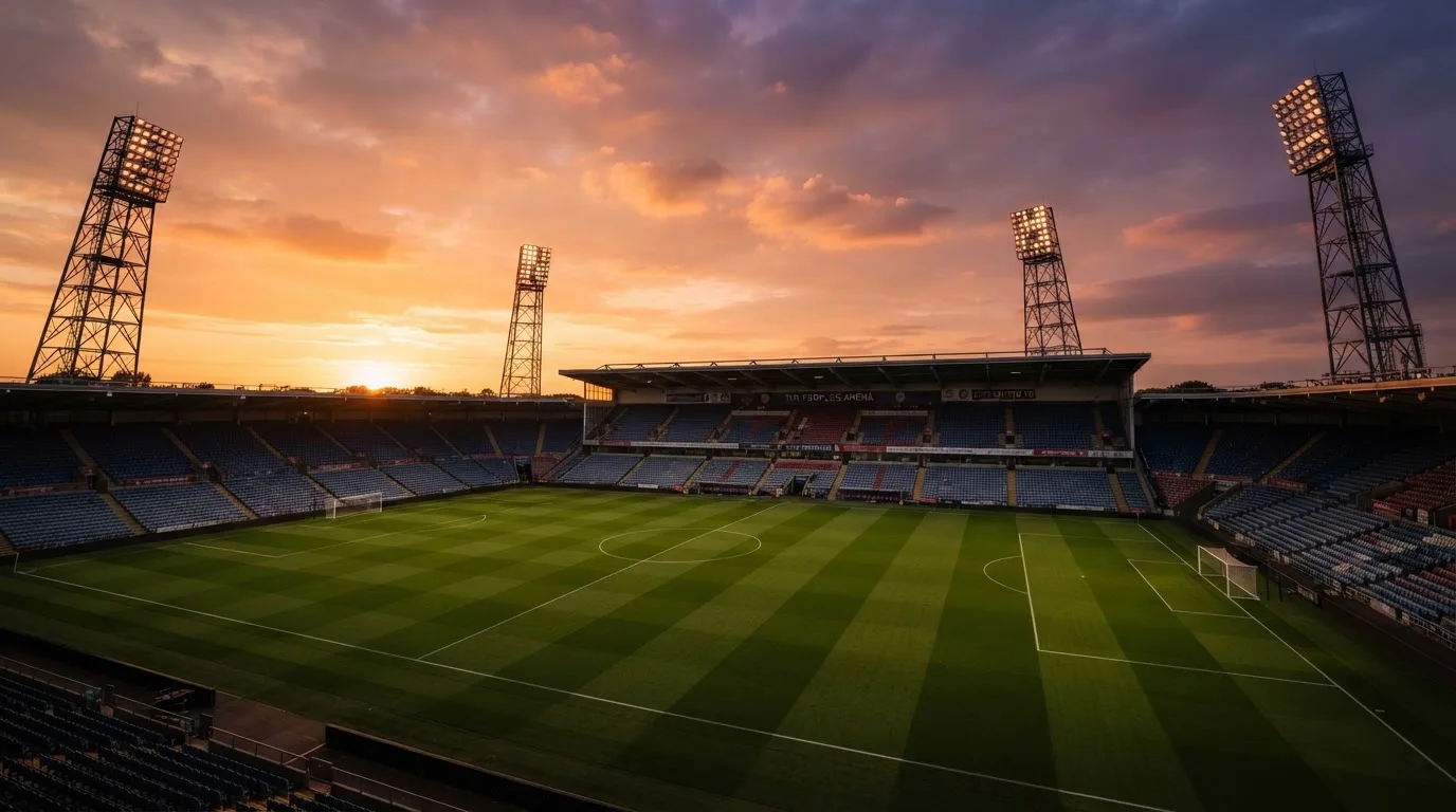 Un estadio de fútbol vacío con torres de iluminación al atardecer