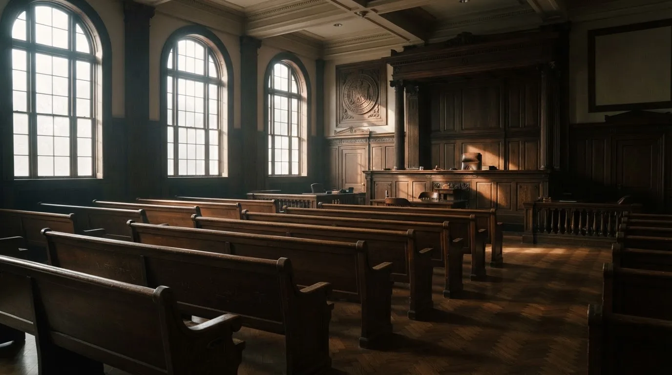 Una sala de tribunal vacía con bancos de madera a la luz de la mañana