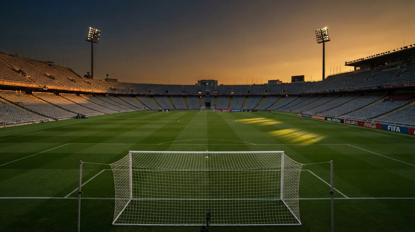 Un estadio de fútbol vacío con torres de iluminación al atardecer