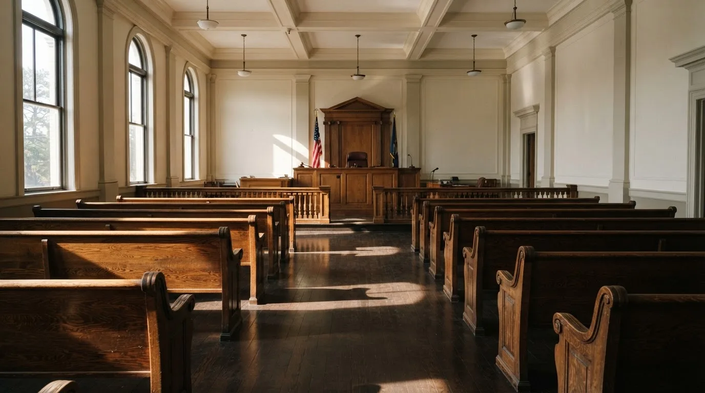 Una sala de tribunal vacía con bancos de madera a la luz de la mañana