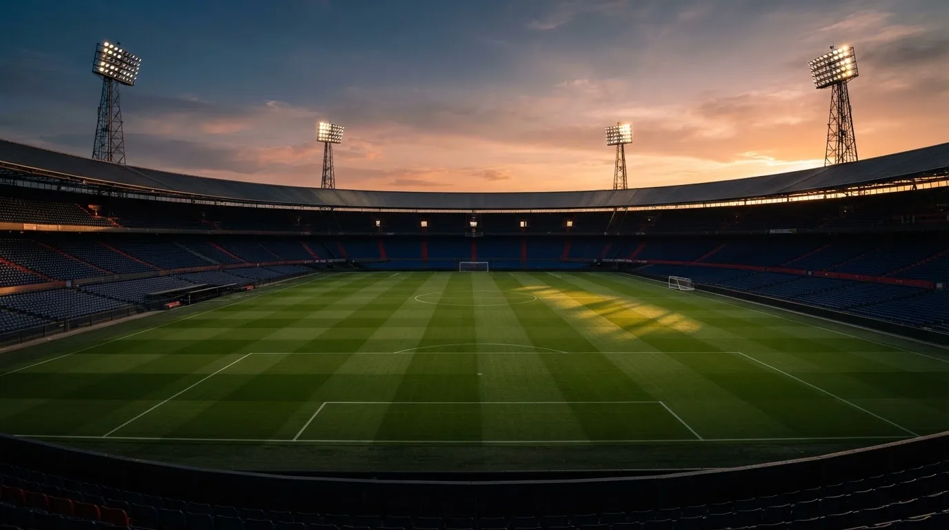 Un estadio de fútbol vacío con torres de iluminación al atardecer