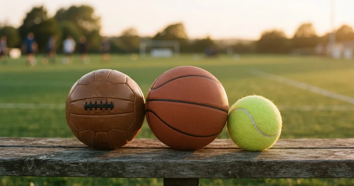 Tres balones de distintos tipos, uno junto a otro, sobre un banco de madera