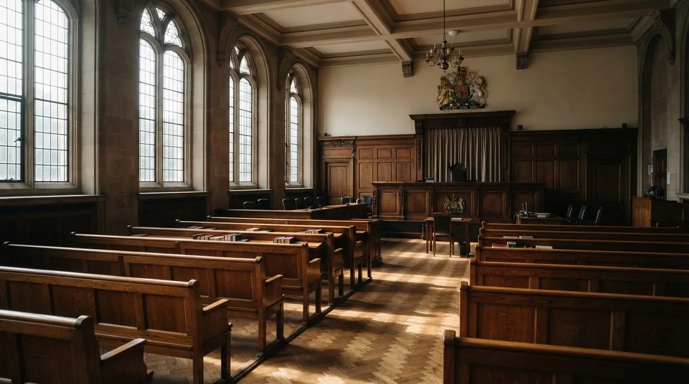 Una sala de tribunal vacía con bancos de madera a la luz de la mañana